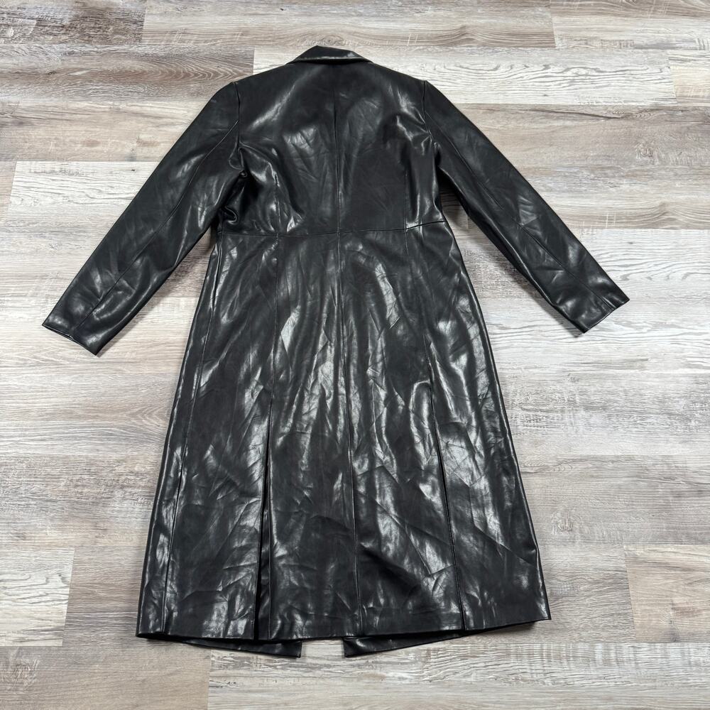 Vintage Y2K Black Faux Leather Trench Coat Long Matrix Goth Moto Duster Fall 16 - Picture 3 of 8